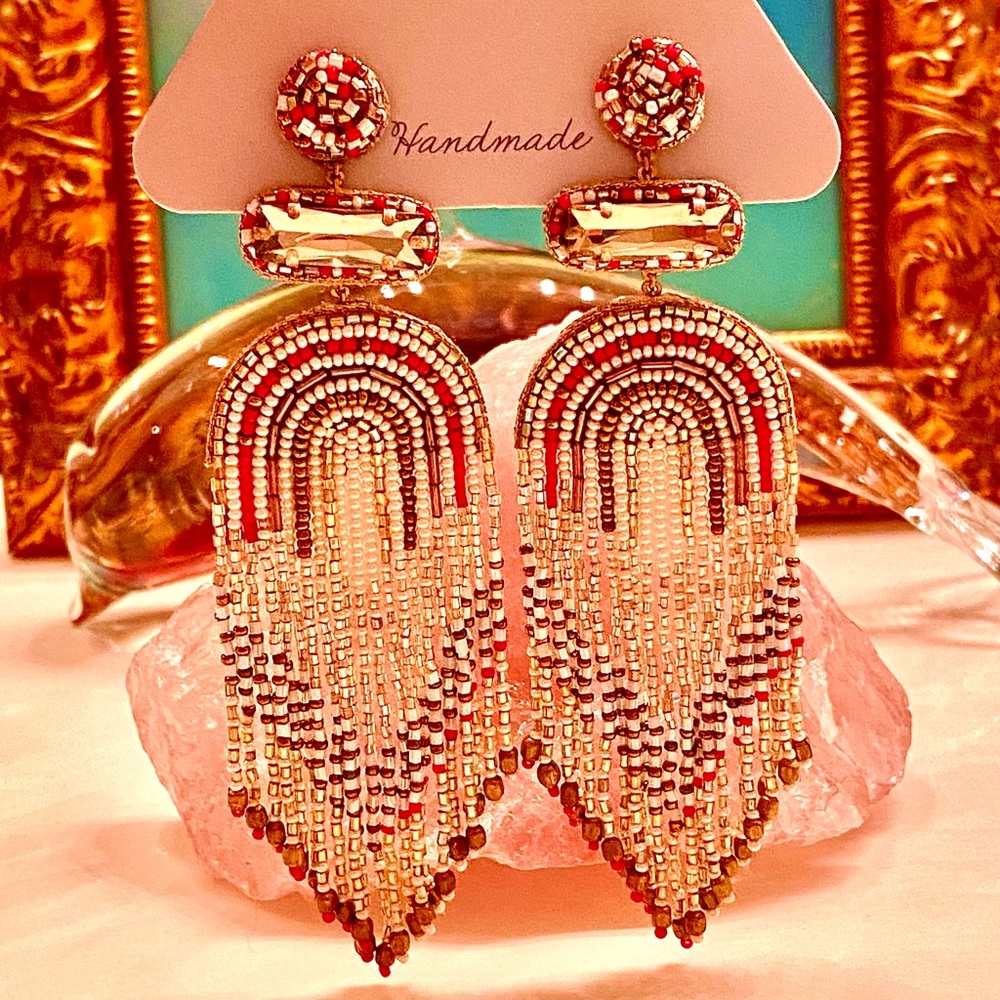 NWT Deepa Gurnani Luxe Beaded Fringe Chandeliers
